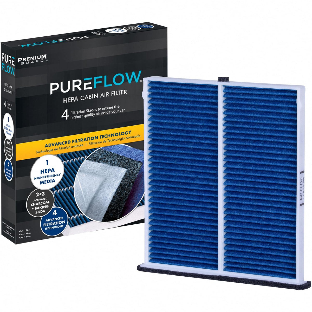 Premium Guard front packaging showing PUREFLOW PC4103HX protecting cabin air