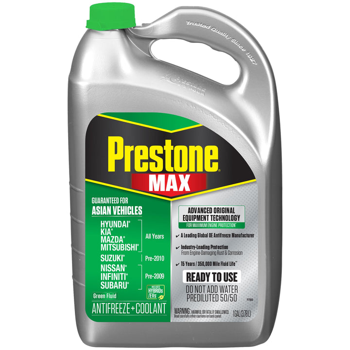 Prestone MAX bottle front showing label and ready-to-use 50/50 protection
