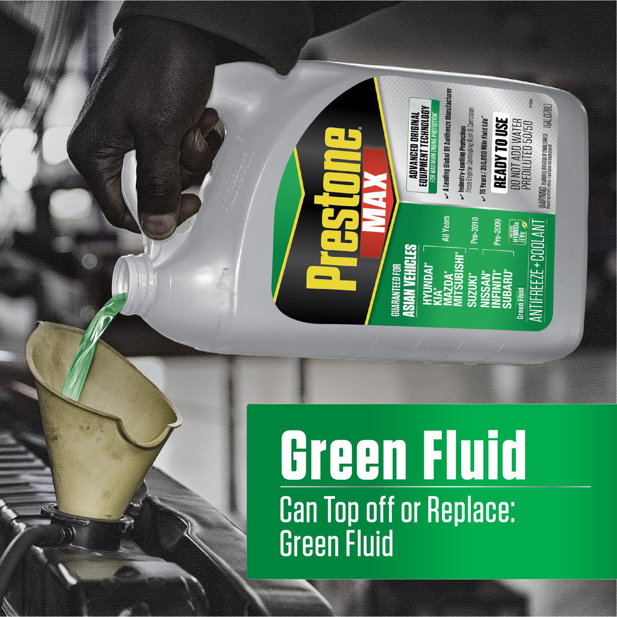 Prestone MAX close-up of green coolant texture illustrating CorGuard protection