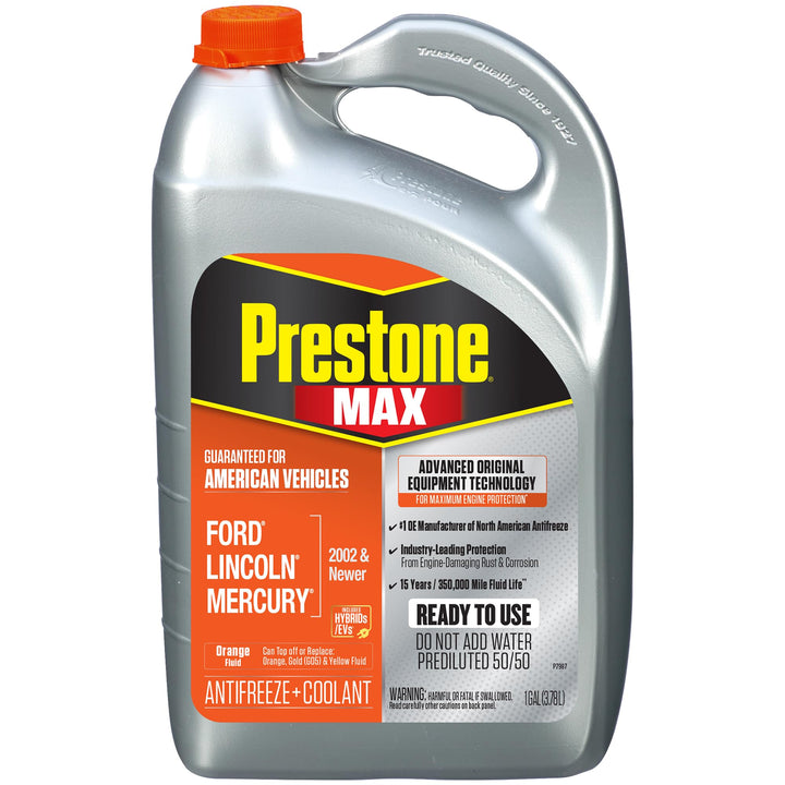 Prestone bottle front label showing brand and product benefits