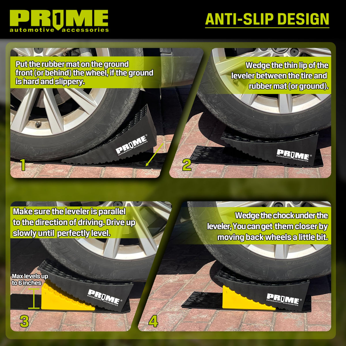 Prime 1 in-use under an RV tire demonstrating stable, level parking support