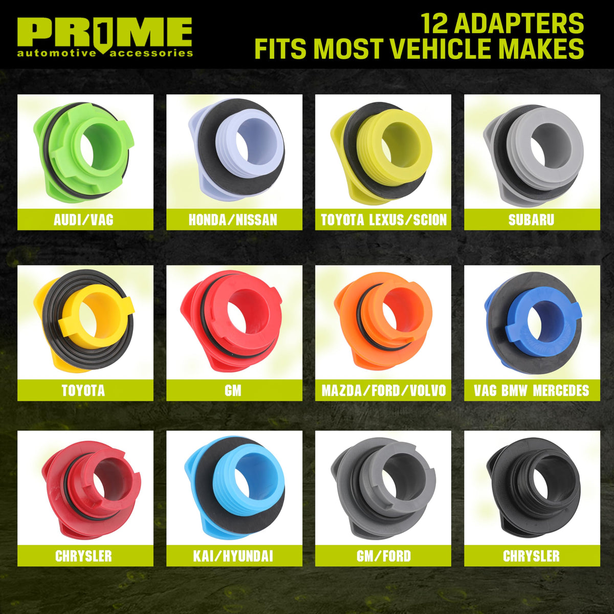 Prime 1 twelve color-coded adapters laid out for quick vehicle fit identification
