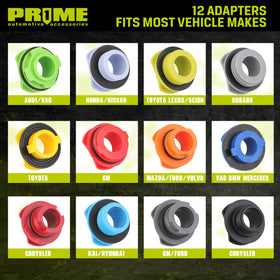 Prime 1 twelve color-coded adapters laid out for quick vehicle fit identification