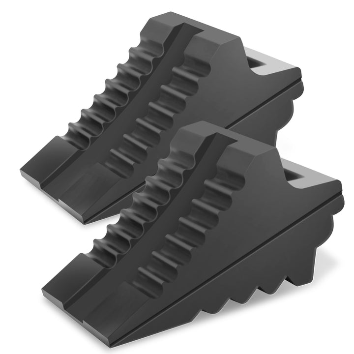 Prime 1 front view of wheel chocks showing sturdy shape and safety benefit