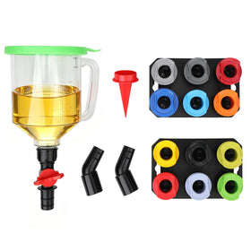 Prime 1 funnel front view showing 1.5L capacity and shut-off valve for spill-free pouring