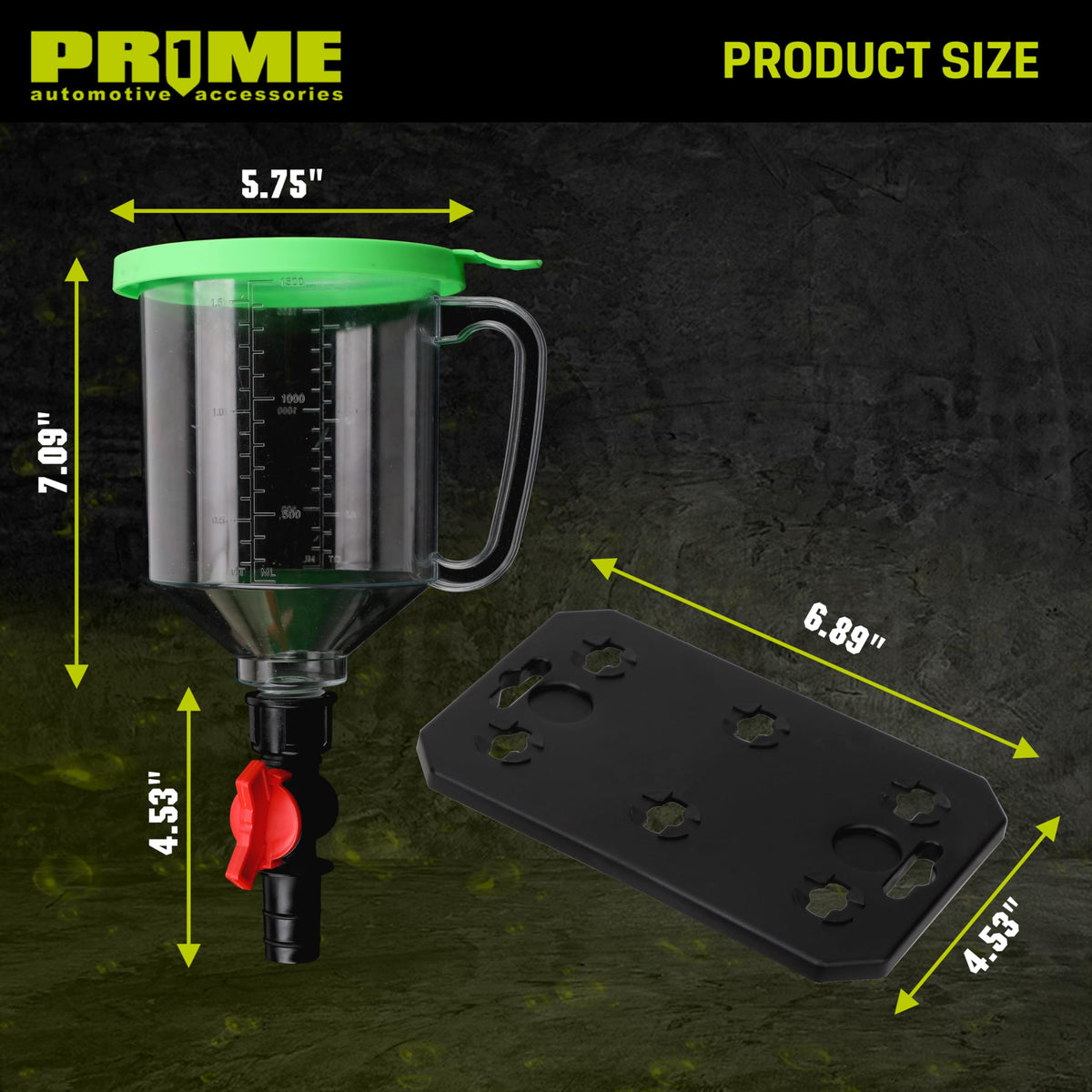 Prime 1 funnel positioned in an engine bay to demonstrate no-spill filling benefit