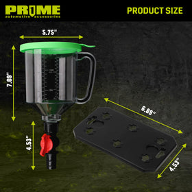 Prime 1 funnel positioned in an engine bay to demonstrate no-spill filling benefit