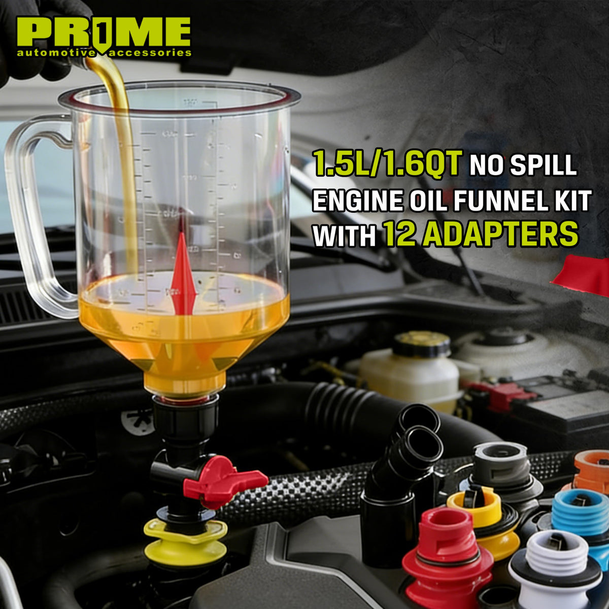 Prime 1 translucent funnel with volume scale visible for precise fluid measurement
