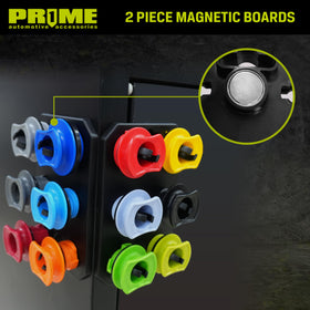 Prime 1 magnetic boards holding adapters on a toolbox for organized workflow