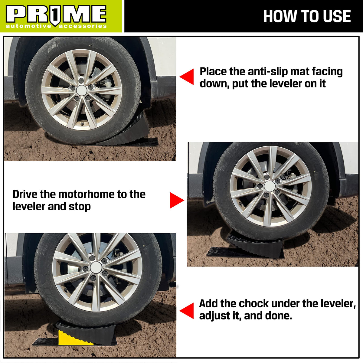 PR1ME wheel chock detail demonstrating secure tire hold and anti-rollback safety