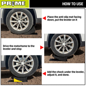 PR1ME wheel chock detail demonstrating secure tire hold and anti-rollback safety
