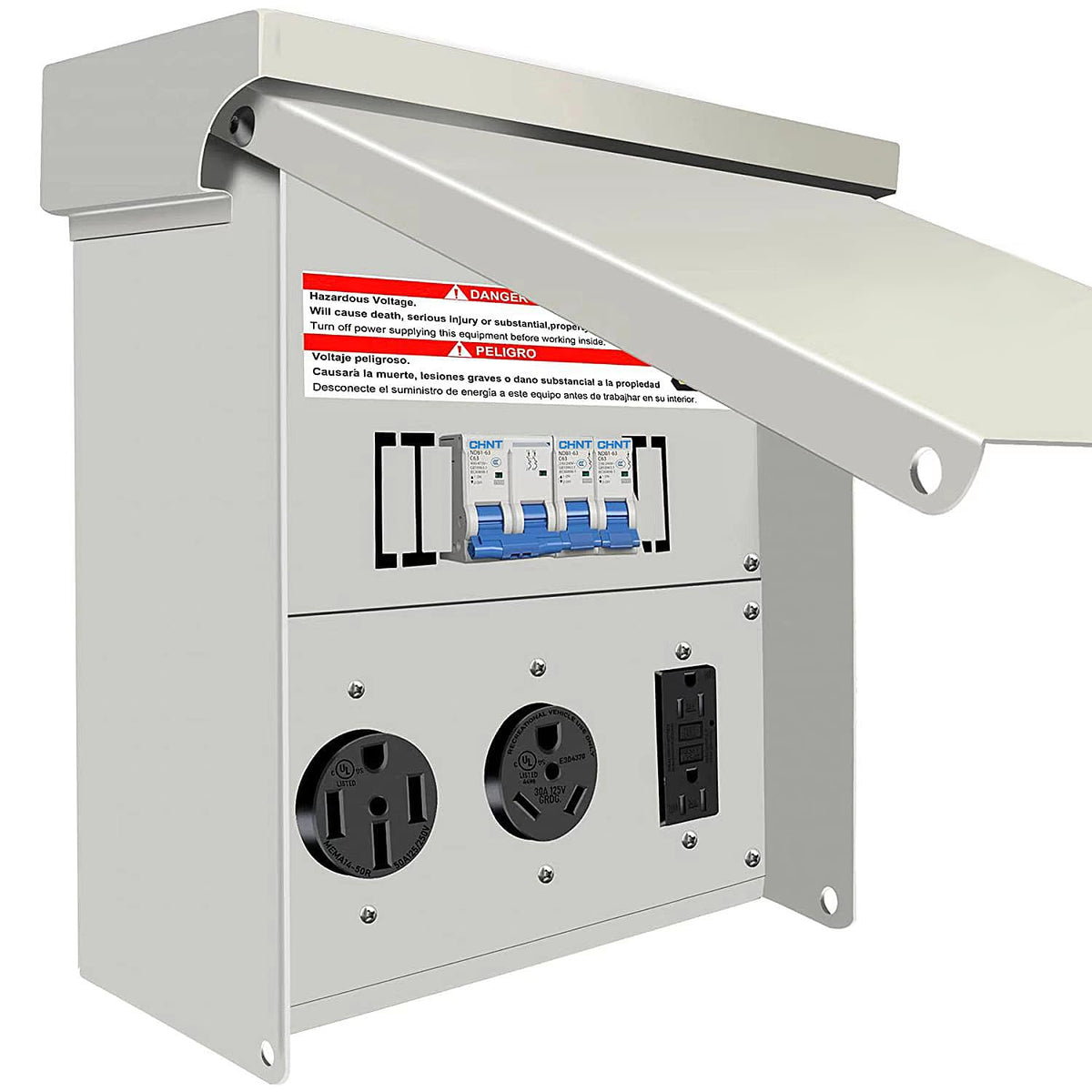 Prismora front panel view showing all three receptacles and benefits of organized access