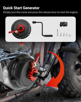 Prismora starter mounted on minibike highlighting tool-free starting benefit
