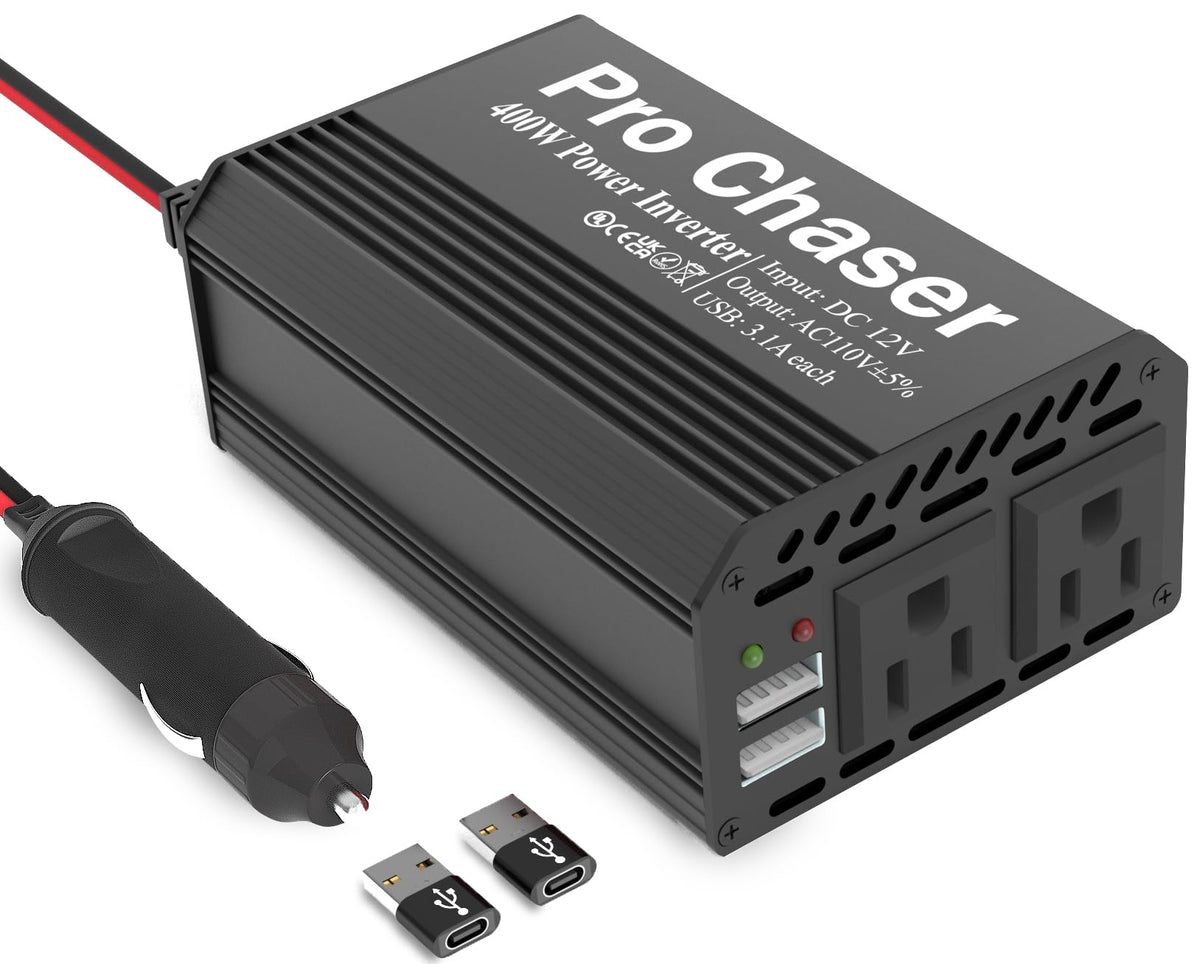 Pro Chaser front panel showing dual AC outlets and USB ports for versatile power