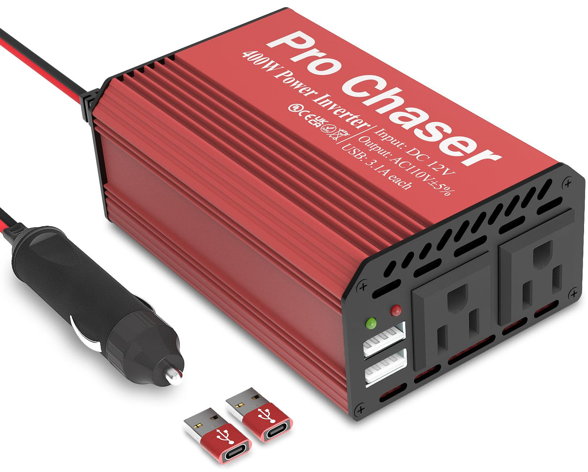 Pro Chaser front panel showing dual AC outlets and USB ports for versatile charging