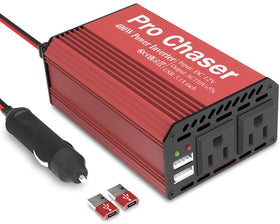 Pro Chaser front panel showing dual AC outlets and USB ports for versatile charging