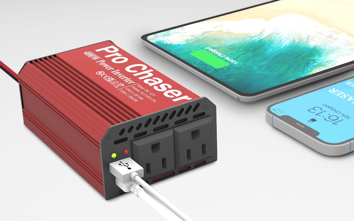 Pro Chaser powering devices from a car backseat for convenient travel use