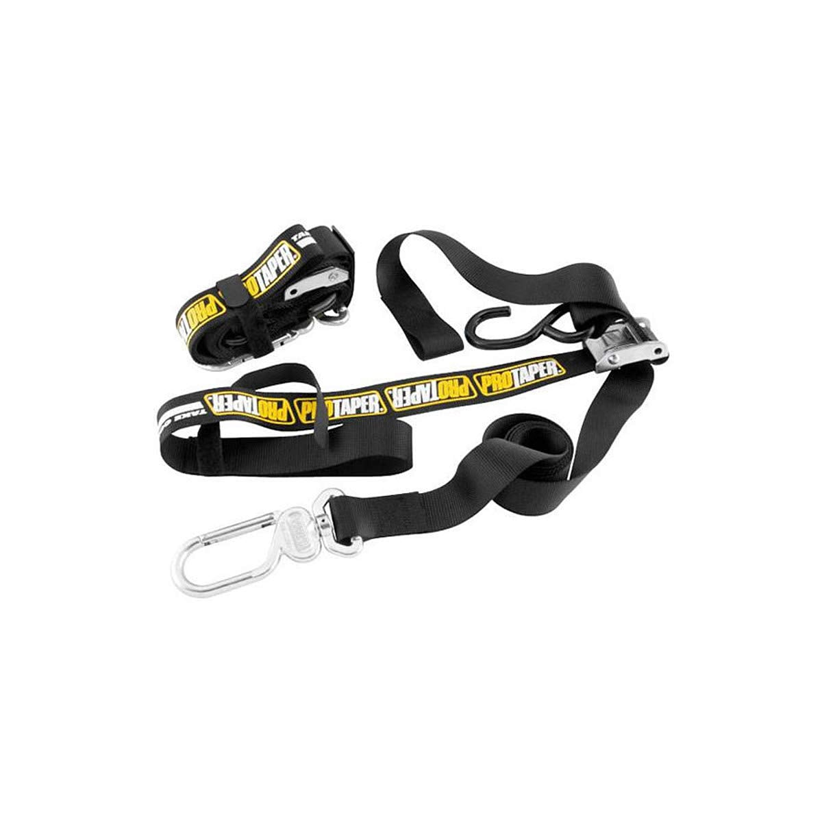 Pro Taper tie downs front view showing swivel carabineer hook and benefits of quick secure fastening