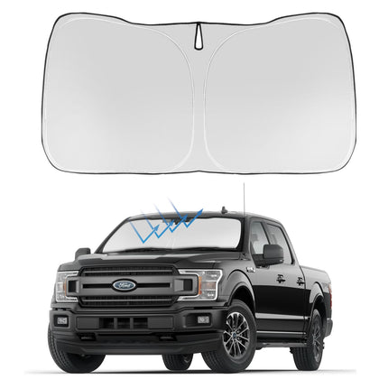 Proadsy front view showing full F-150 windshield coverage and easy install benefit