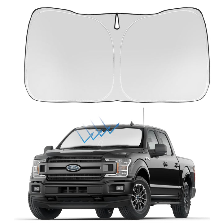 Proadsy front view showing full F-150 windshield coverage and easy install benefit