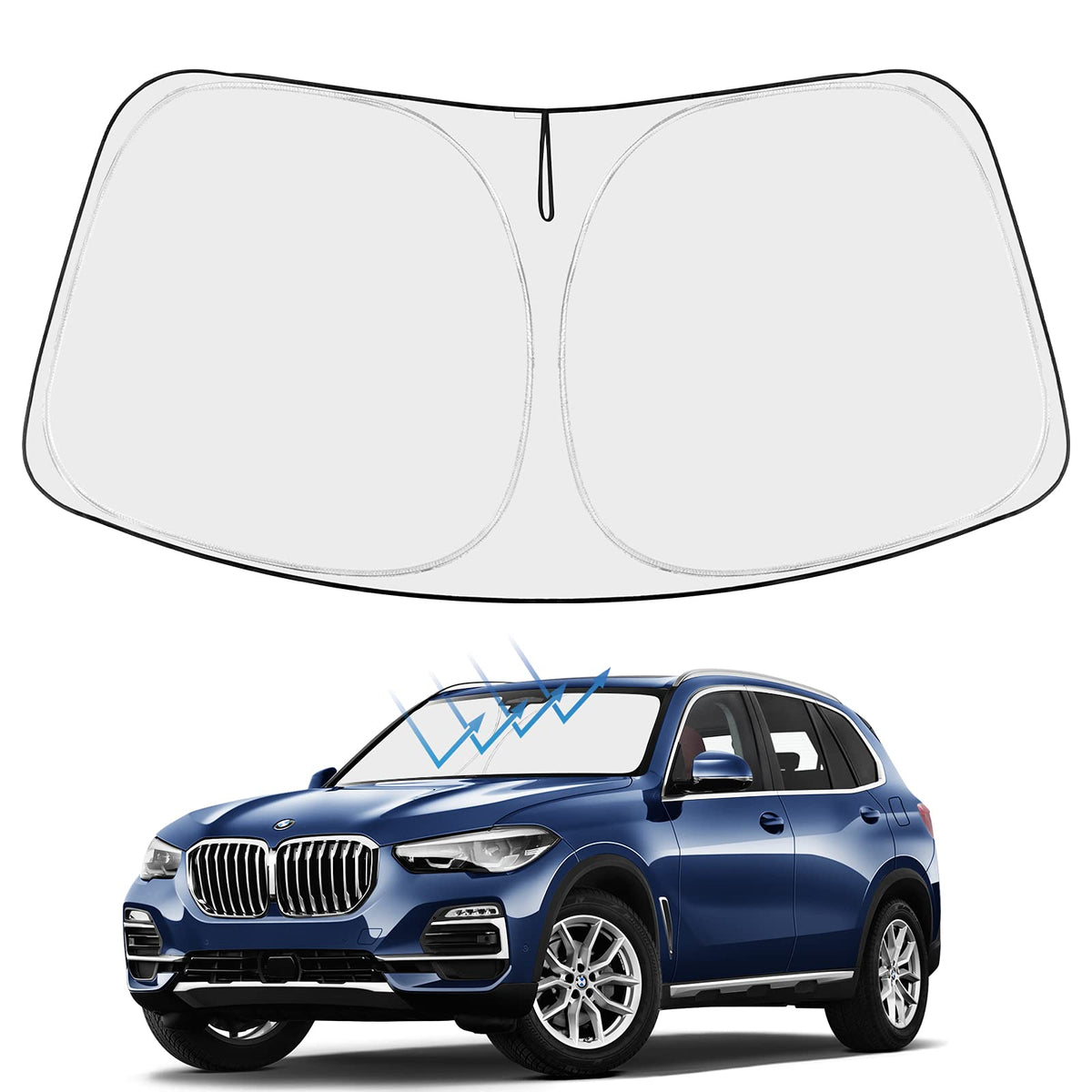 Proadsy front view installed on X5 windshield showing full coverage and heat reflection