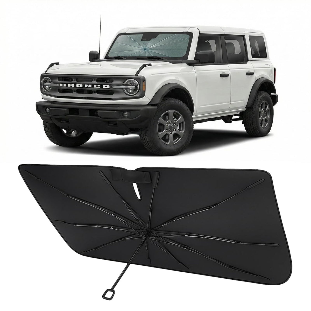 Proadsy front view of packaged Bronco windshield shade showing fit benefits
