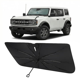 Proadsy front view of packaged Bronco windshield shade showing fit benefits