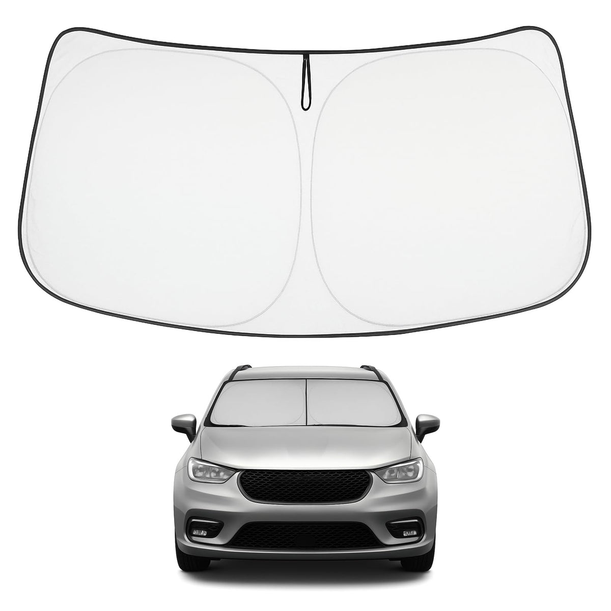 Proadsy front view on Pacifica windshield showing full coverage and sun reflection benefit