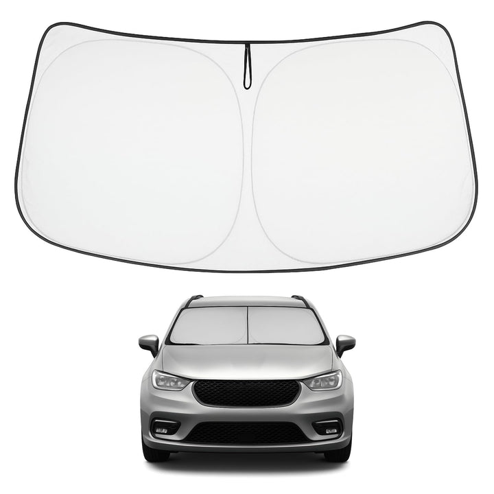 Proadsy front view on Pacifica windshield showing full coverage and sun reflection benefit