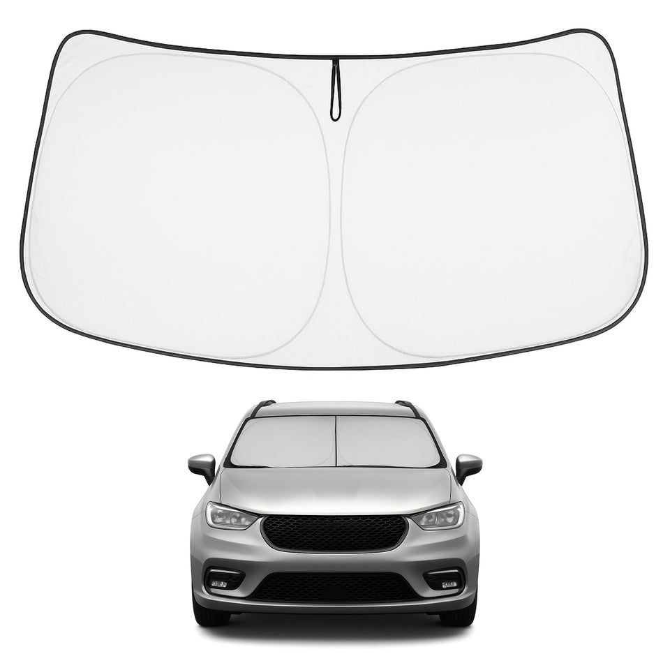 Proadsy front view on Pacifica windshield showing full coverage and sun reflection benefit