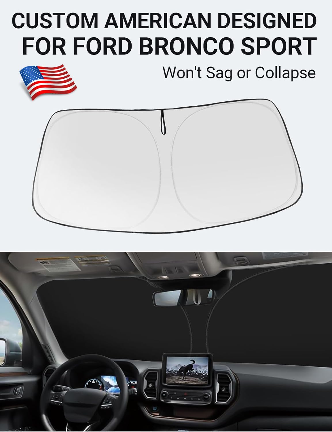 Proadsy shade covering full Ford Bronco Sport windshield, keeps cabin cooler