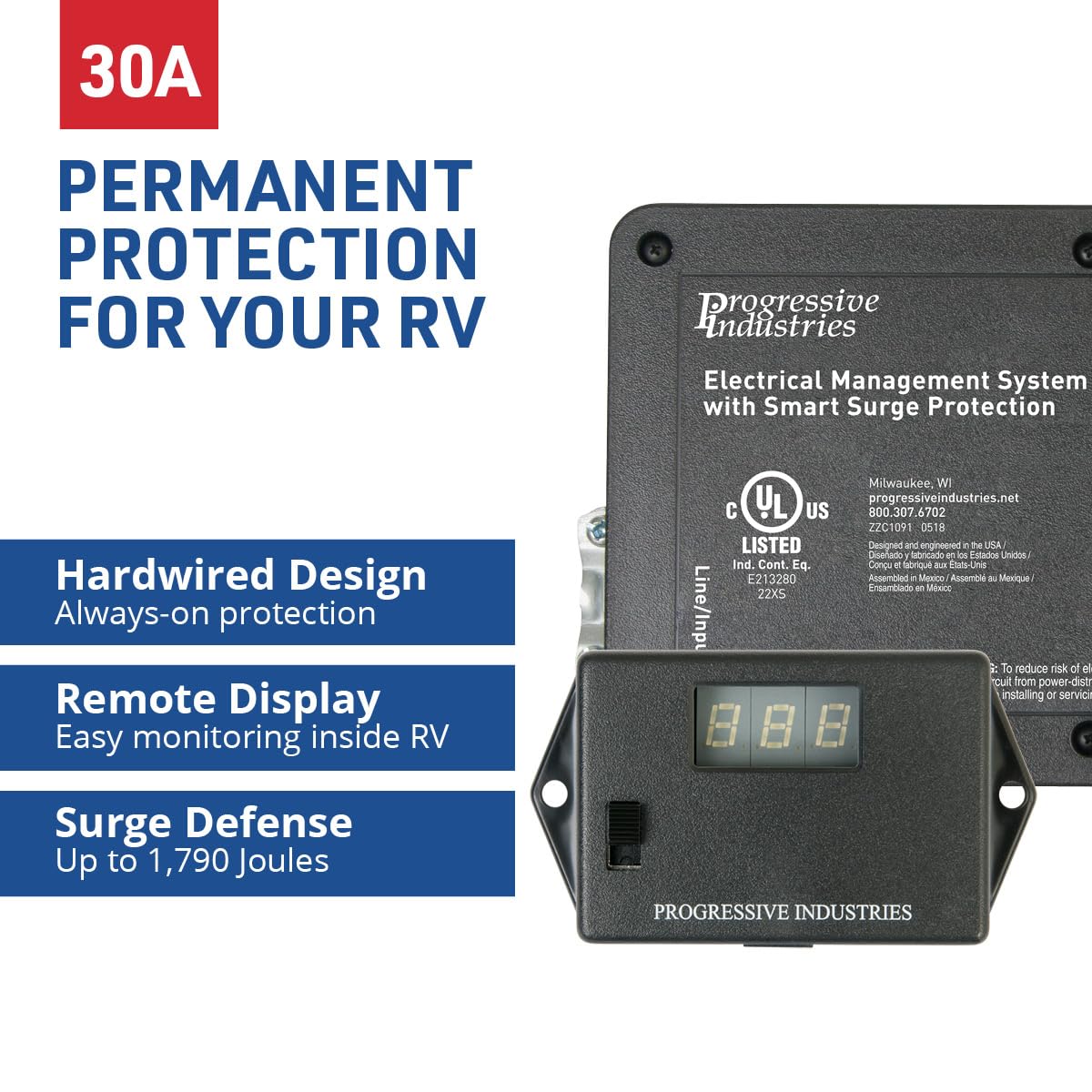 Progressive Industries close-up of integrated display with LEDs providing easy fault diagnosis