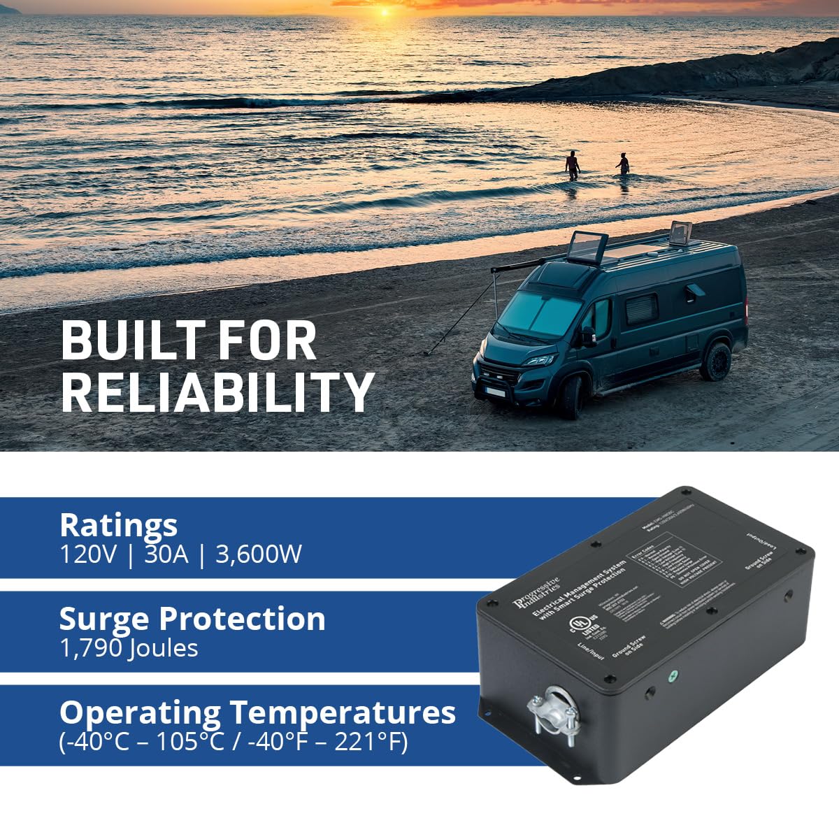 Progressive Industries connected to RV power cord demonstrating secure shore power connection benefit