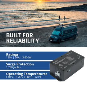Progressive Industries connected to RV power cord demonstrating secure shore power connection benefit