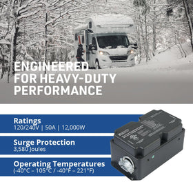 Progressive Industries EMS-HW50C plug connection detail ensuring secure 50A hookup benefit