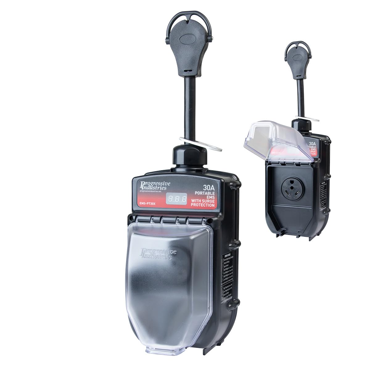 Progressive Industries EMS-PT30X front view showing compact surge protector and handle for easy transport