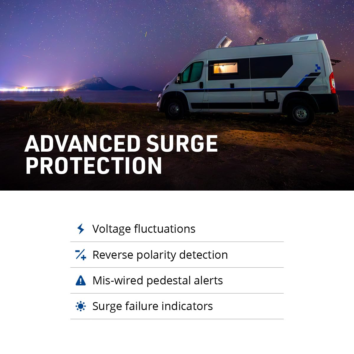 Progressive Industries EMS-PT30X connected to RV pedestal in campsite demonstrating protected shore power