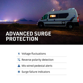 Progressive Industries EMS-PT30X connected to RV pedestal in campsite demonstrating protected shore power