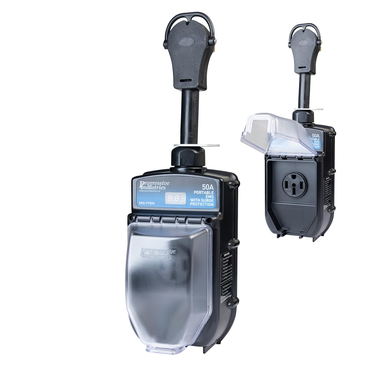 Progressive Industries EMS-PT50X front view showing housing and handle protecting RV power