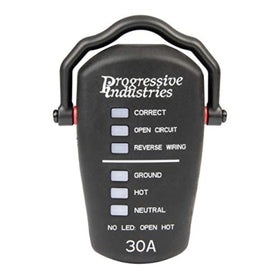 Progressive Industries RRT-30 front view showing compact tester and plug for fast checks