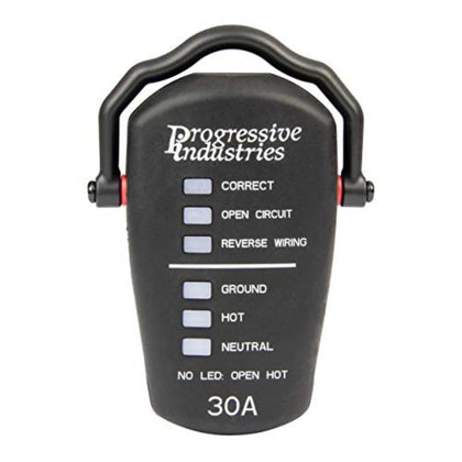 Progressive Industries RRT-30 front view showing compact tester and plug for fast checks