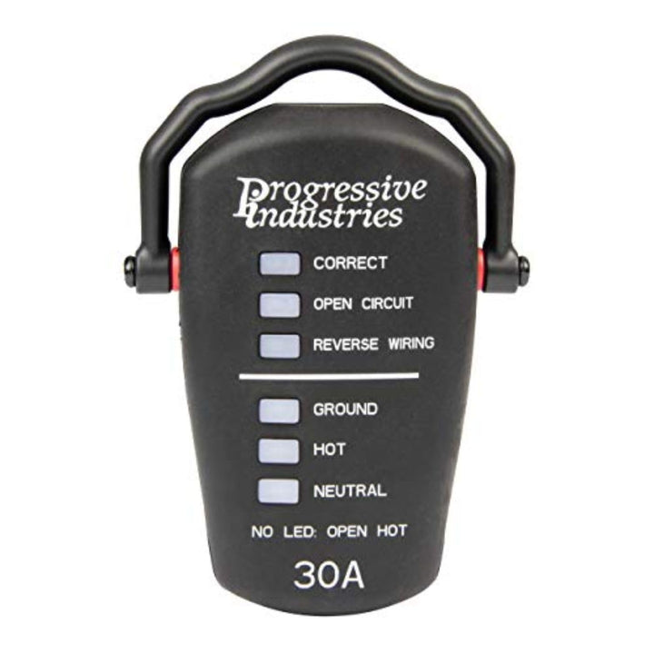 Progressive Industries RRT-30 front view showing compact tester and plug for fast checks