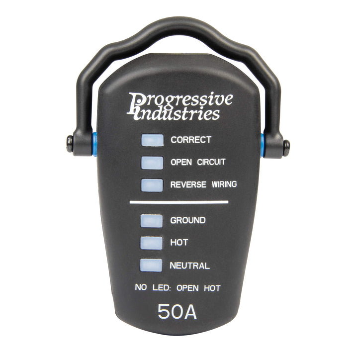 Progressive Industries RRT-50 front view showing plug and swivel handle for quick inspection