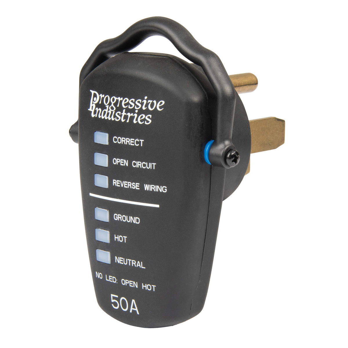 Progressive Industries RRT-50 inserted in campground pedestal demonstrating safer plug‑in checks