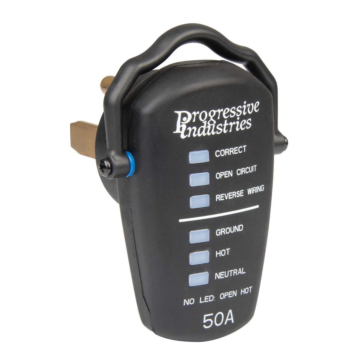 Progressive Industries RRT-50 LED indicator closeup revealing wiring fault results instantly