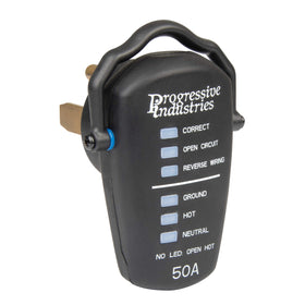 Progressive Industries RRT-50 LED indicator closeup revealing wiring fault results instantly