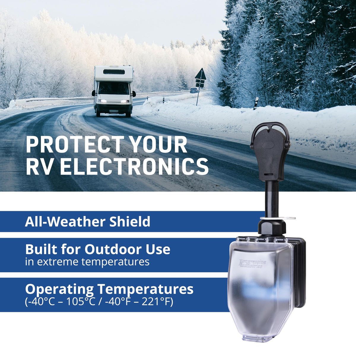Progressive Industries unit plugged into RV pedestal, protecting RV appliances from surges