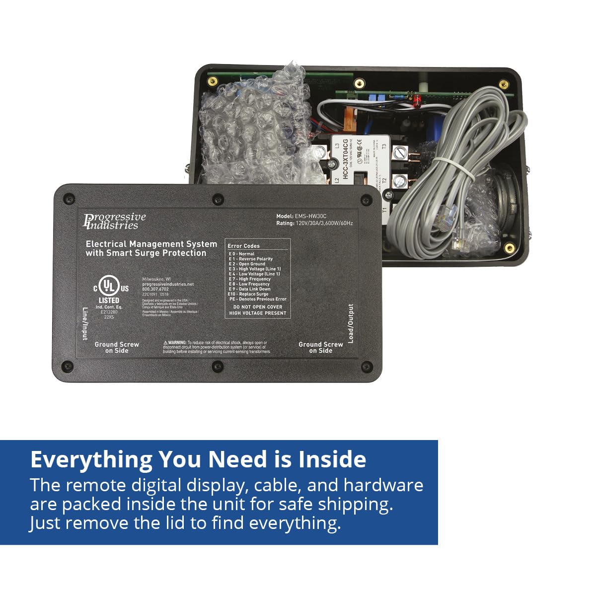 Progressive Industries weatherproof housing detail illustrating durable outdoor protection