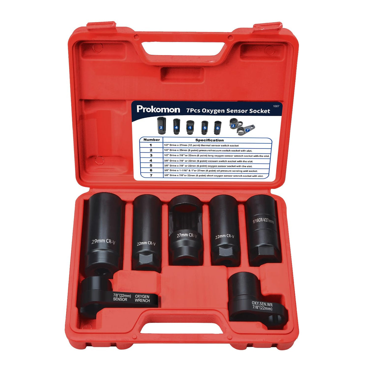 Prokomon front view of 7pcs oxygen sensor socket set showing kit layout and benefits