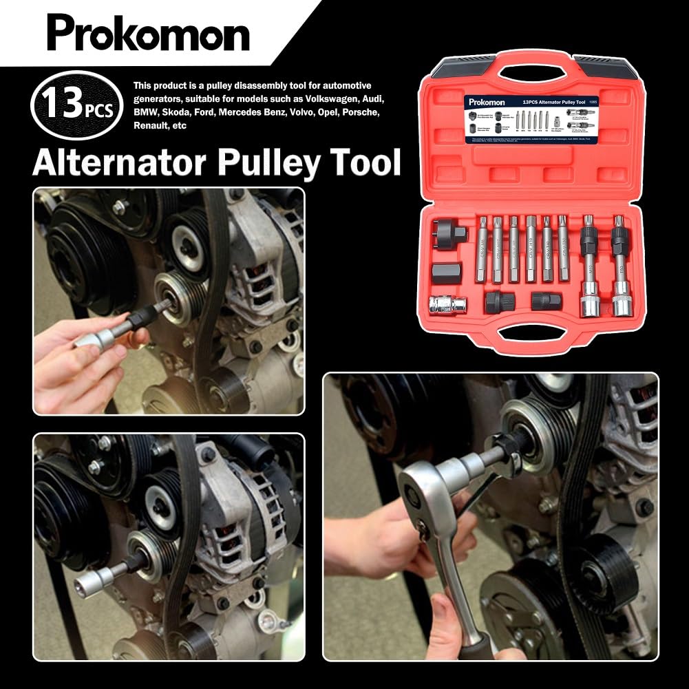 Prokomon tool holding alternator shaft during removal for safe, controlled extraction